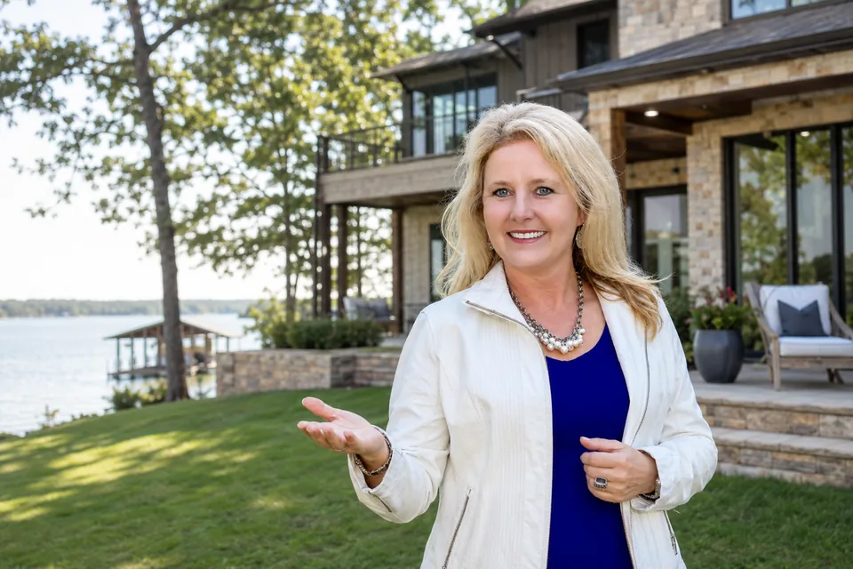 Charlene Hall, East TX Realtor, smiling and gesturing in front of a Lake Palestine-area lakefront home