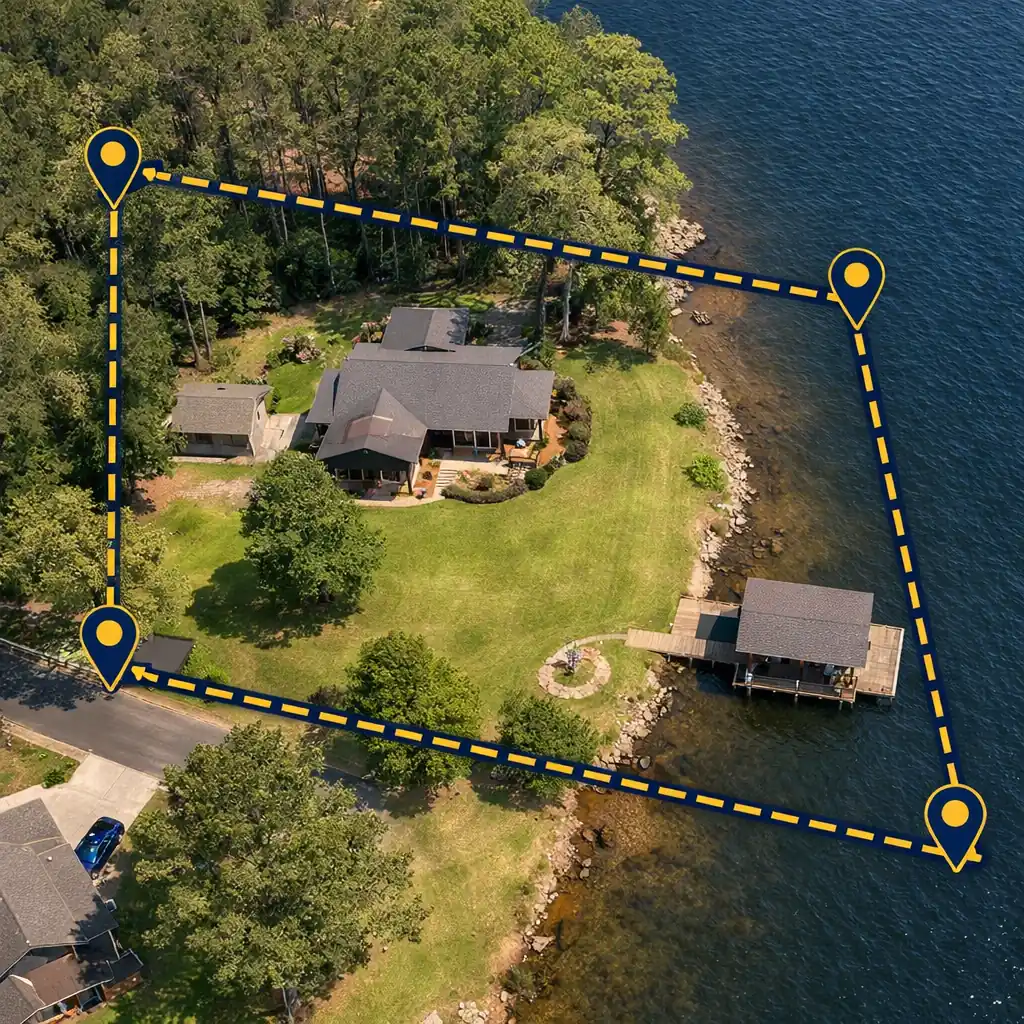 Aerial view of an East Texas lakefront property with gold dashed boundary lines and corner survey pins marking the lot line