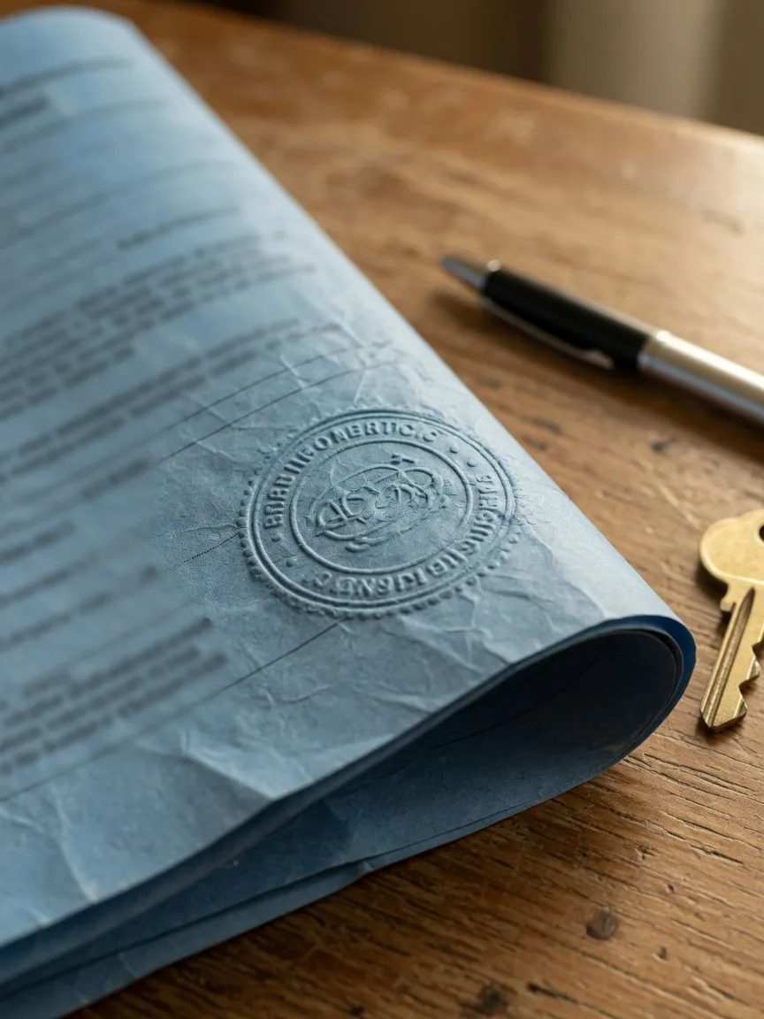 Rolled property survey document with an embossed seal, pen, and house key on a wood closing table