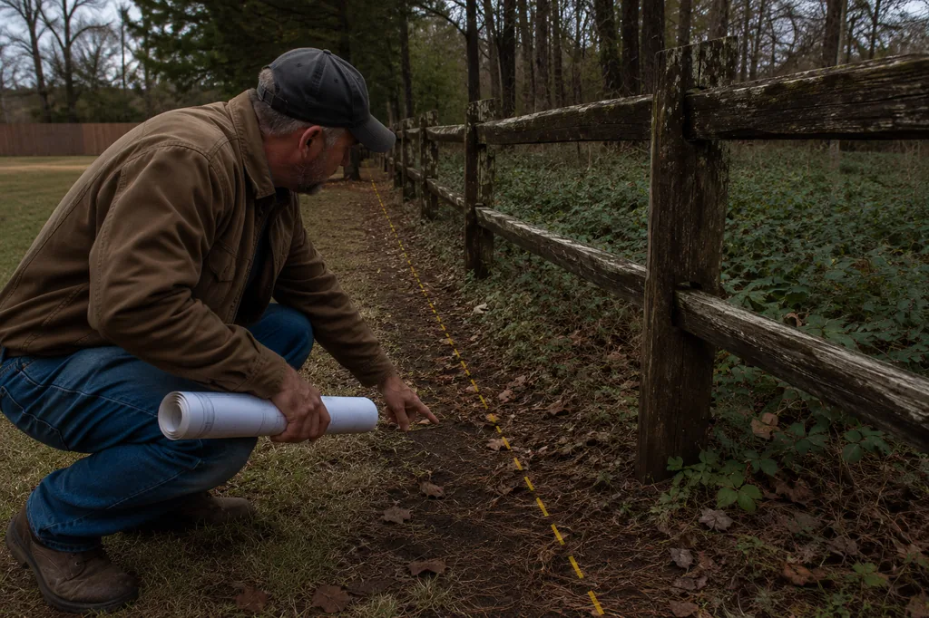 Man crouching at a wooded East Texas fence line comparing a rolled property survey against a dashed gold boundary marker