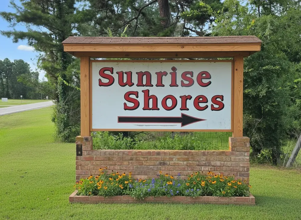 Sunrise Shores neighborhood entrance sign on Lake Palestine Chandler Texas
