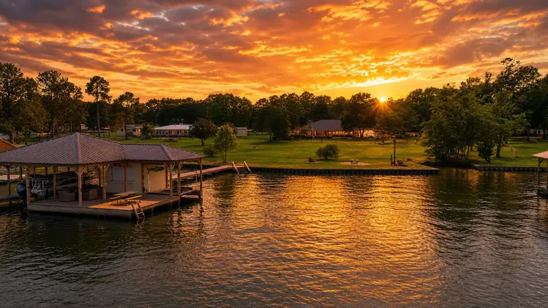 Aerial drone view of Sunrise Shores waterfront home on Lake Palestine at sunset