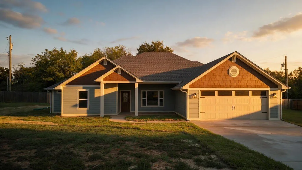 Front of the new home at 281 ACR 308 in Frankston, TX, in late-day sun.