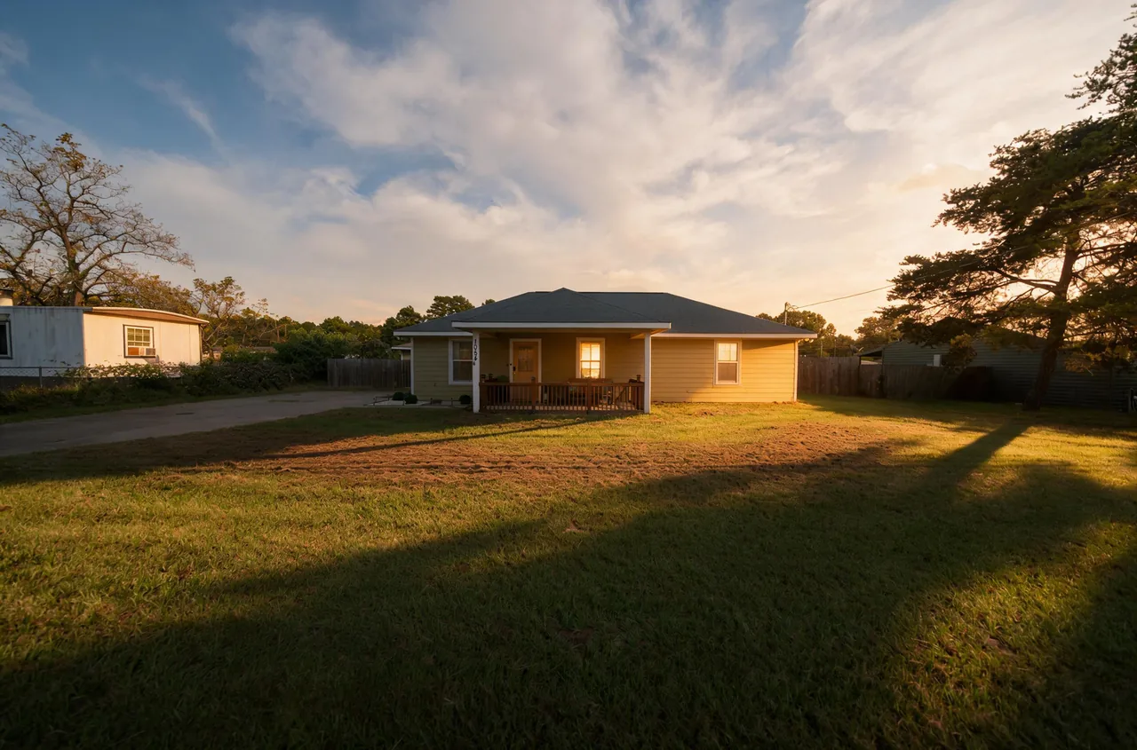 Front of the home in evening light with the windows lit at 1054 Caroline Ln in Shadybrook, a gated Lake Palestine community in Bullard, TX.