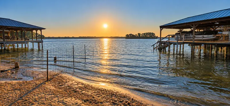 Sunrise over Lake Palestine from the waterfront lot at 22693 Creekwood Dr in Lakeway Harbor, Flint TX.