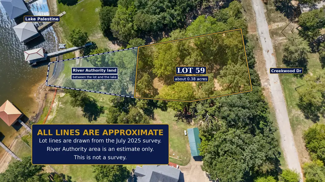 Aerial view of Lot 59 at 22693 Creekwood Dr in Lakeway Harbor, Flint TX, with approximate lot lines and the River Authority land between the lot and Lake Palestine.