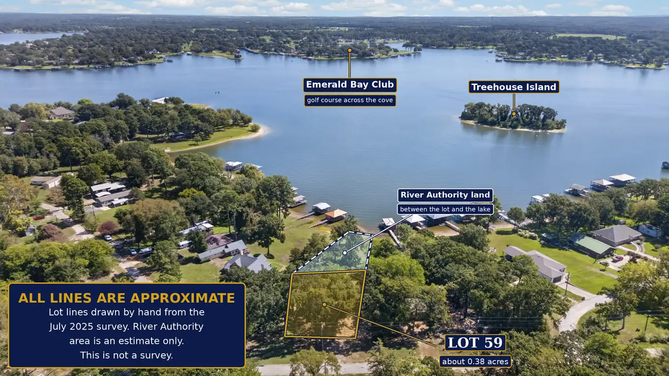 Drone view of the waterfront lot at 22693 Creekwood Dr in Lakeway Harbor, Flint TX, with approximate lot lines, looking across Lake Palestine to Treehouse Island and the Emerald Bay Club golf course.