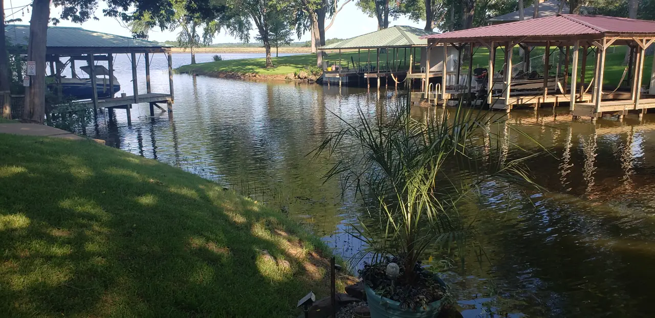 Several covered boathouses spaced along a narrow cove on Lake Palestine, with boats on lifts and a grassy bank.