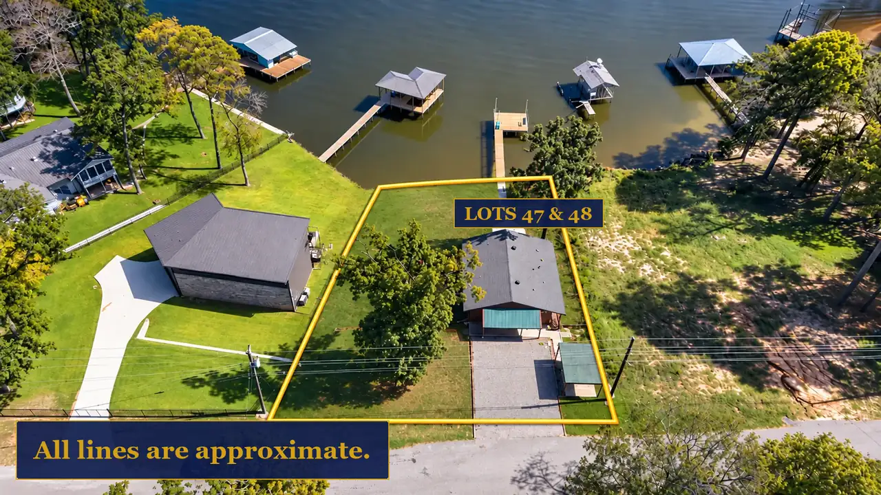 Aerial view of 7359 E Panorama Dr in Brierwood Bay on Lake Palestine, Frankston, Texas, with an approximate outline of Lots 47 and 48.