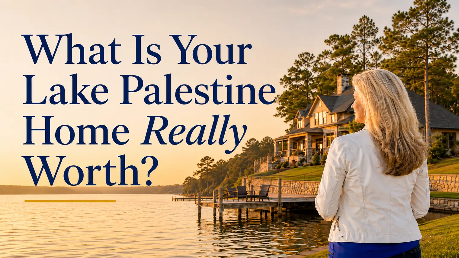 What is your Lake Palestine home really worth? A woman stands at the water&rsquo;s edge at sunset looking toward a lakefront home with a dock and a stone retaining wall.
